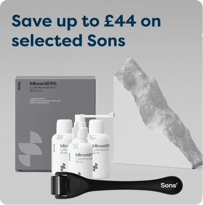 Hair growth products and derma roller in front of a rock sculpture. Text above reads: "Save up to £44 on selected Sons."