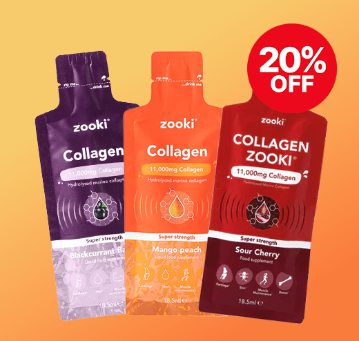 Three pouches of Zooki collagen supplements in Blackcurrant, Mango Peach, and Sour Cherry flavors with a "20% off" label on a gradient background.