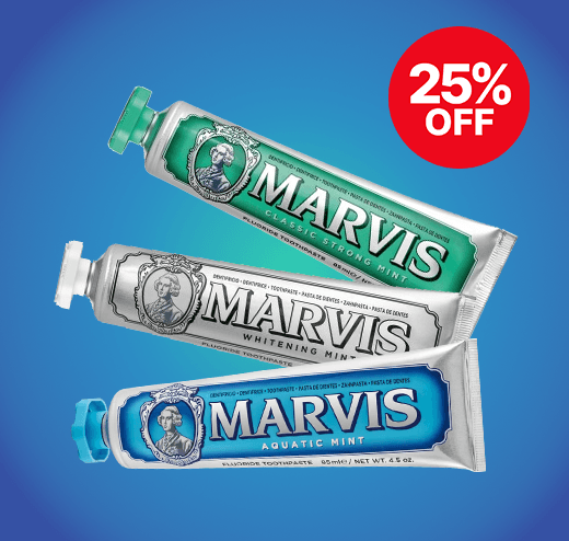 Three Marvis toothpaste tubes—Classic Strong Mint, Whitening Mint, and Aquatic Mint—on a blue background with a red "25% OFF" label.