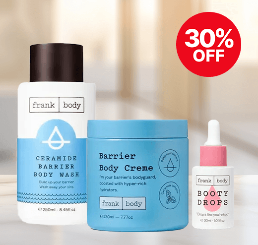 Skincare products by Frank Body, including body wash, body creme, and booty drops, with a 30% off label in a red circle.