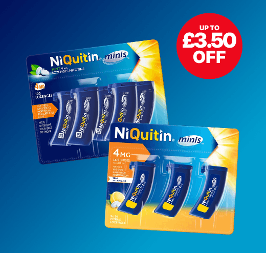 Two packs of NiQuitin Minis 4mg lozenges on a blue background, with a red badge showing "Up to £3.50 Off."