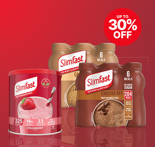 SlimFast products including strawberry, caramel, and chocolate flavors against a red background with "Up to 30% Off" text.