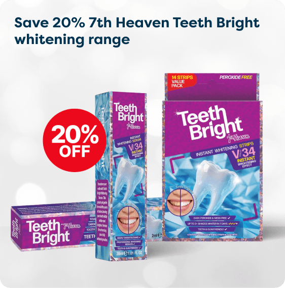 Teeth Bright whitening range advertisement showing product packaging with a 20% off discount in a red circle.