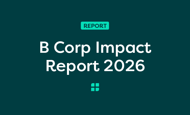 B Corp Impact Report 2026 cover with a dark green background and simple text design.
