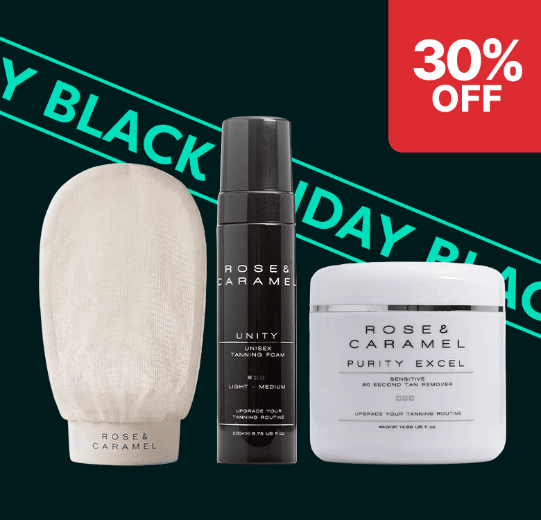 Rose & Caramel tanning products, including a mitt, foam, and remover, with "30% OFF" and "Black Friday" text in the background.