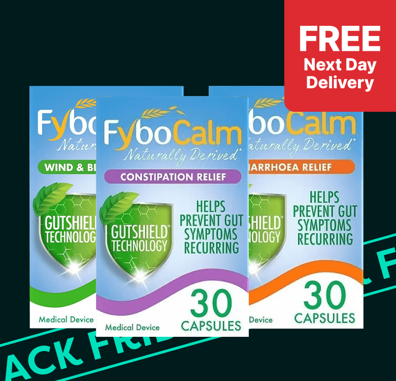 Three packs of FyboCalm capsules for gut health, including wind, constipation, and diarrhea relief. "Free Next Day Delivery" in red corner.