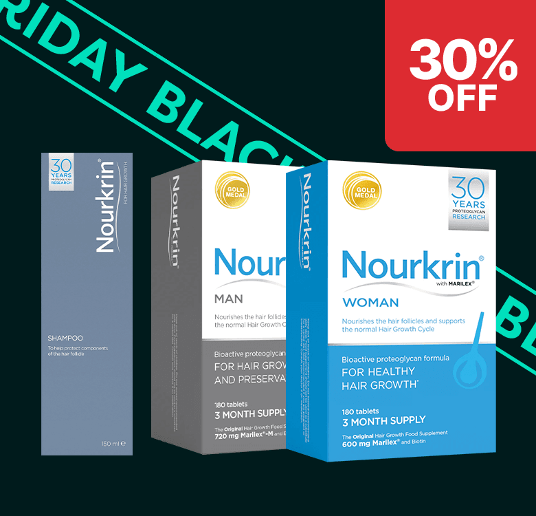 Nourkrin hair care products with a "30% off" Black Friday promotion. Includes shampoo and supplements for men and women.