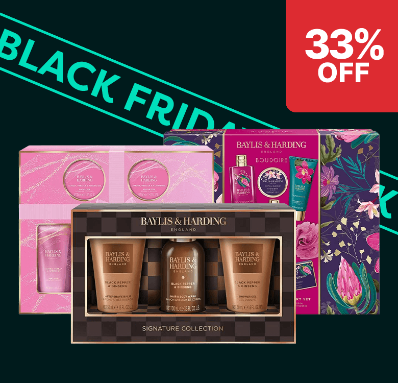 Three Baylis & Harding gift sets with pink, floral, and checkered designs on a black background featuring "Black Friday" and "33% off" text.