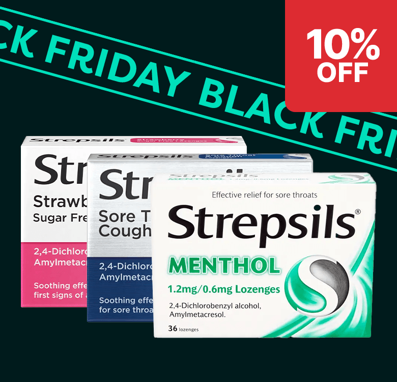 Three boxes of Strepsils lozenges with a "10% off" Black Friday deal banner.