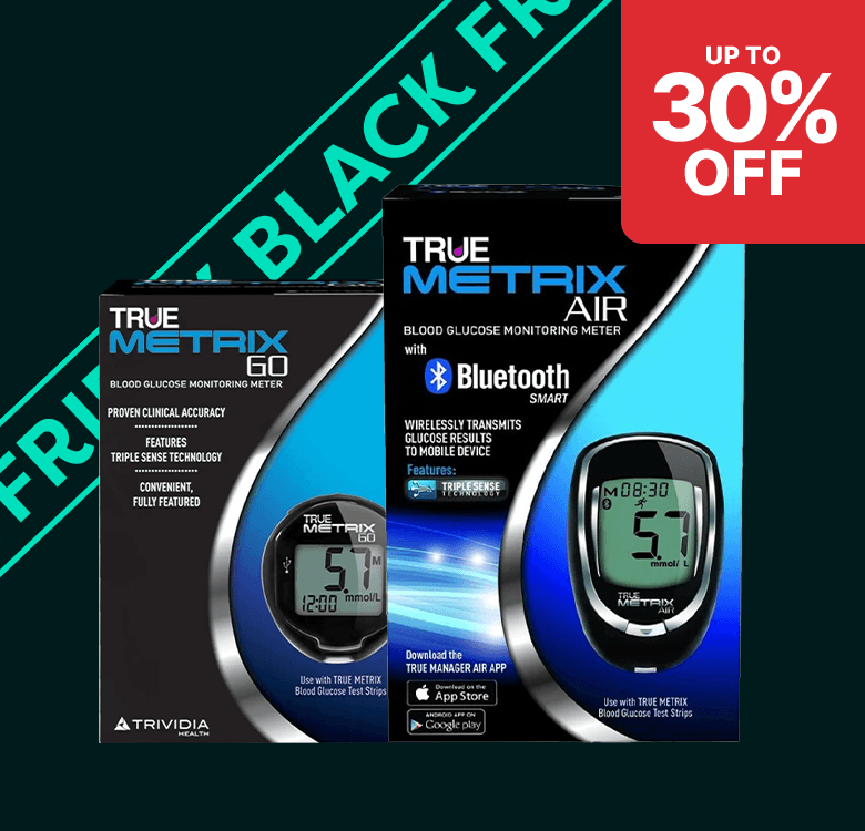 Two True Metrix blood glucose monitoring meter boxes are shown, offering up to 30% off in a Black Friday sale.