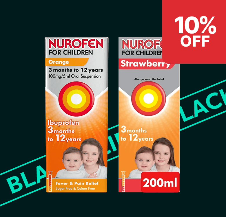 Two boxes of Nurofen for Children, orange and strawberry flavors, featuring a 10% off promotion and images of smiling children.