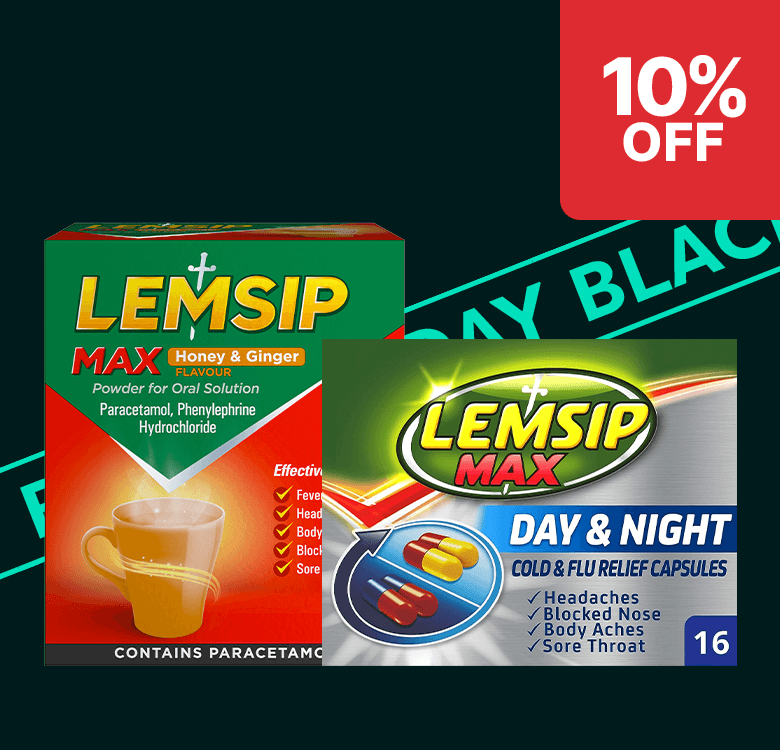 Two boxes of Lemsip Max products, Honey & Ginger flavor and Day & Night capsules, with a 10% off label against a black background.