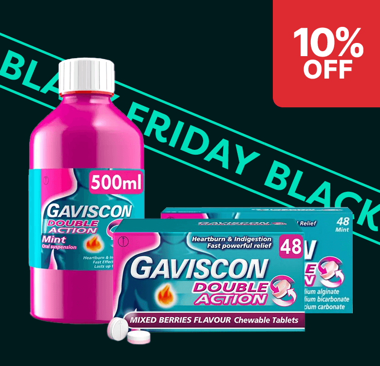 Gaviscon Double Action products for heartburn and indigestion relief with a 10% Black Friday discount label.