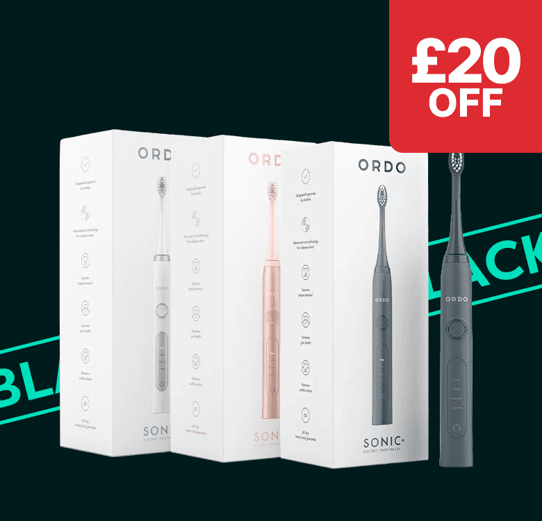 Three Ordo Sonic electric toothbrushes in white, pink, and black packaging with a £20 off label.