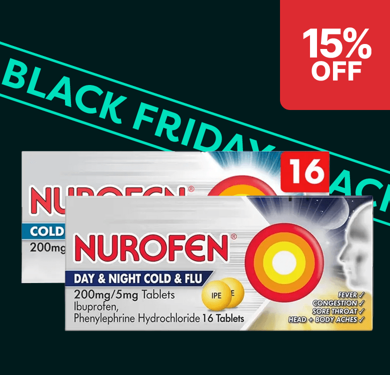 Two boxes of Nurofen Day & Night Cold & Flu tablets with a "15% OFF" Black Friday discount banner.