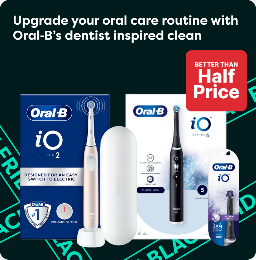 Oral-B iO Series 2 and 6 electric toothbrushes with packaging. Promotes better than half price offer and Black Friday sale.