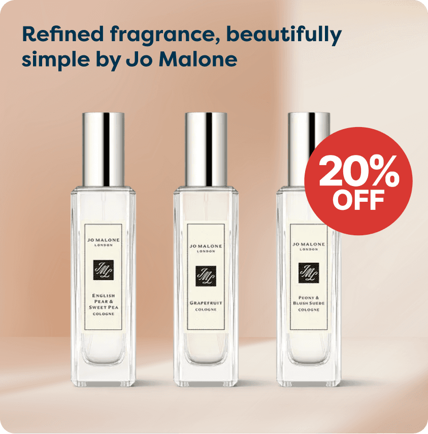 Three Jo Malone colognes with scents labeled English Pear, Grapefruit, and Peony & Blush Suede, offer a 20% discount. Elegant and simple design.
