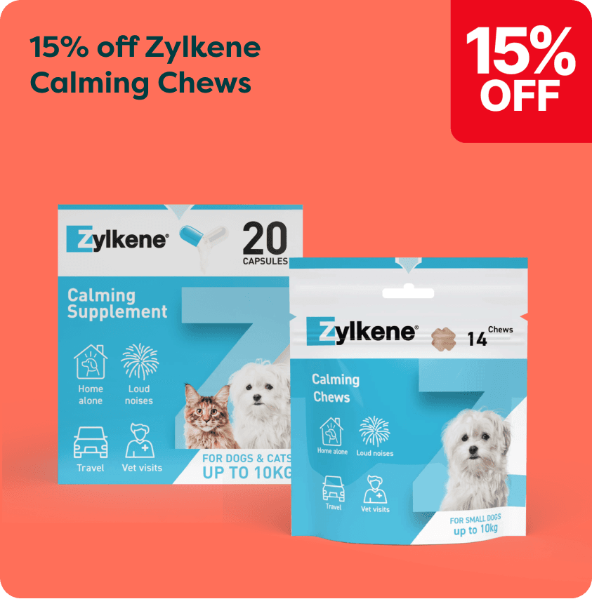 Zylkene Calming Chews promotion with 15% off, showing packaging for calming supplements for dogs and cats.