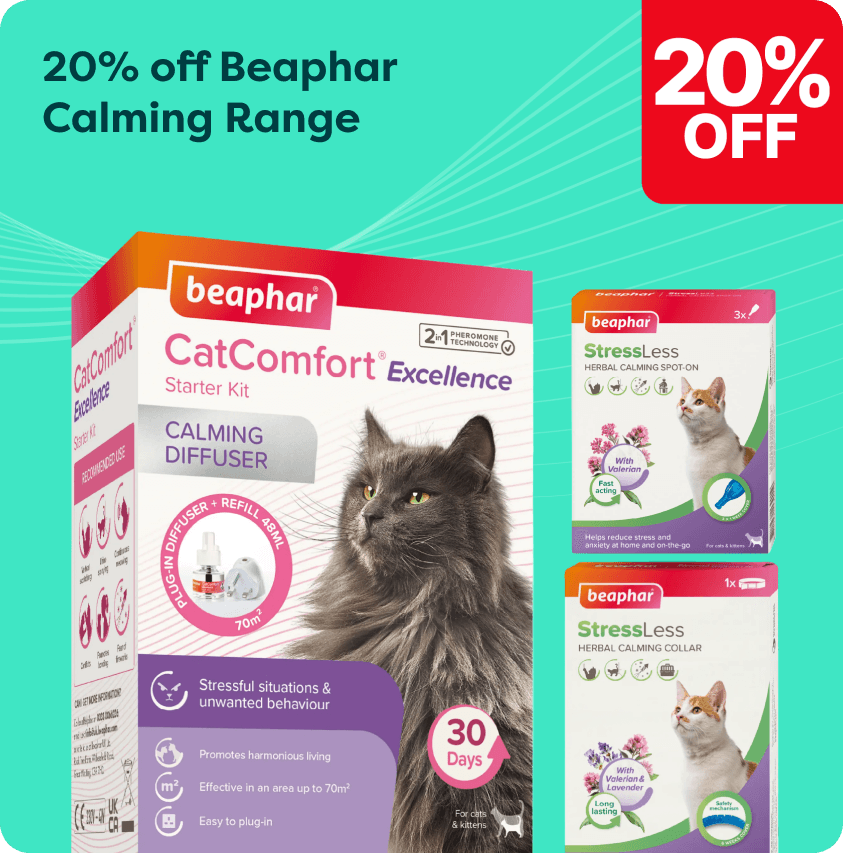 Packaging of Beaphar Calming Range for cats, including CatComfort diffuser and StressLess products, with a 20% off promotion.