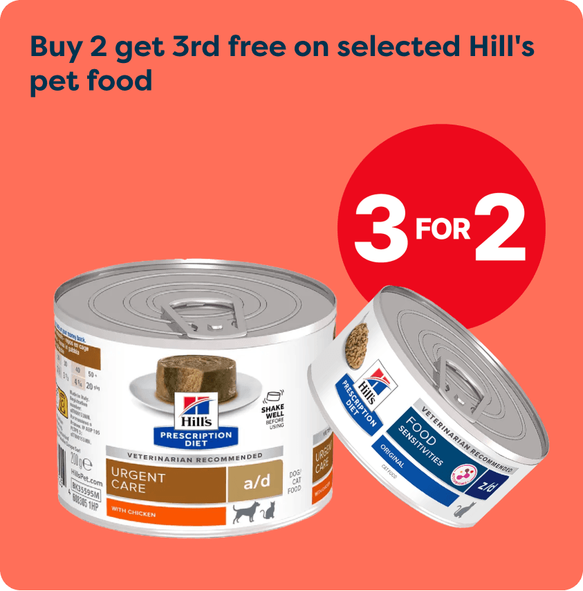 Special offer: Buy 2 get 3rd free on selected Hill's pet food. Image shows canned Hill's Prescription Diet pet food against an orange background.