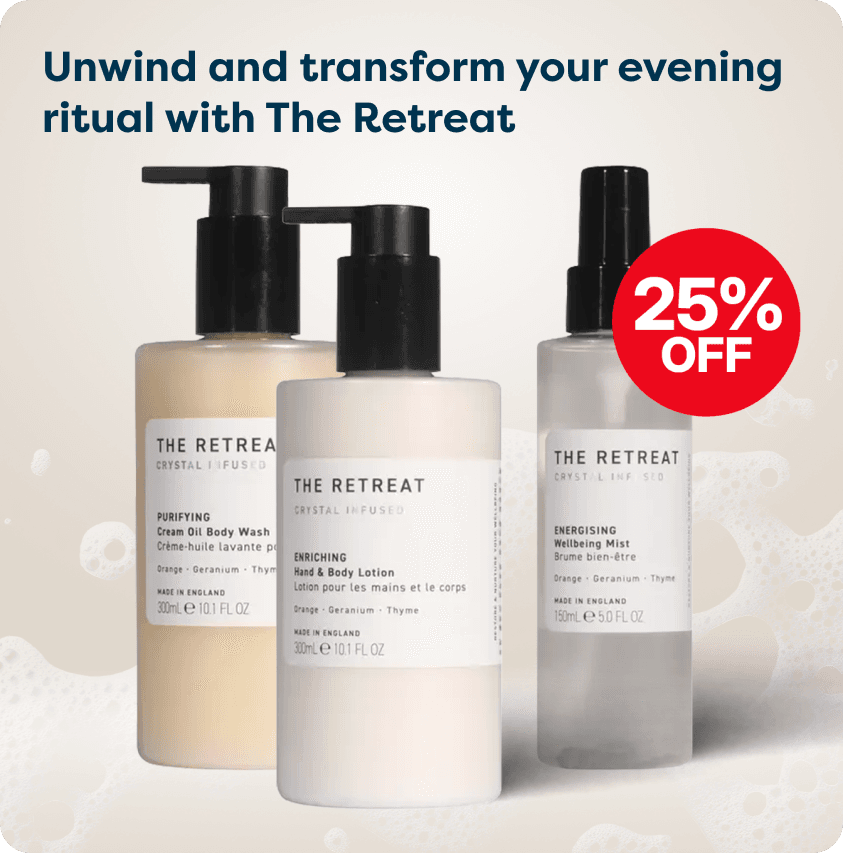 Save 25% on The Retreat at Pharmacy2U. Three The Retreat products, including body wash, body lotion and body mist, are displayed.