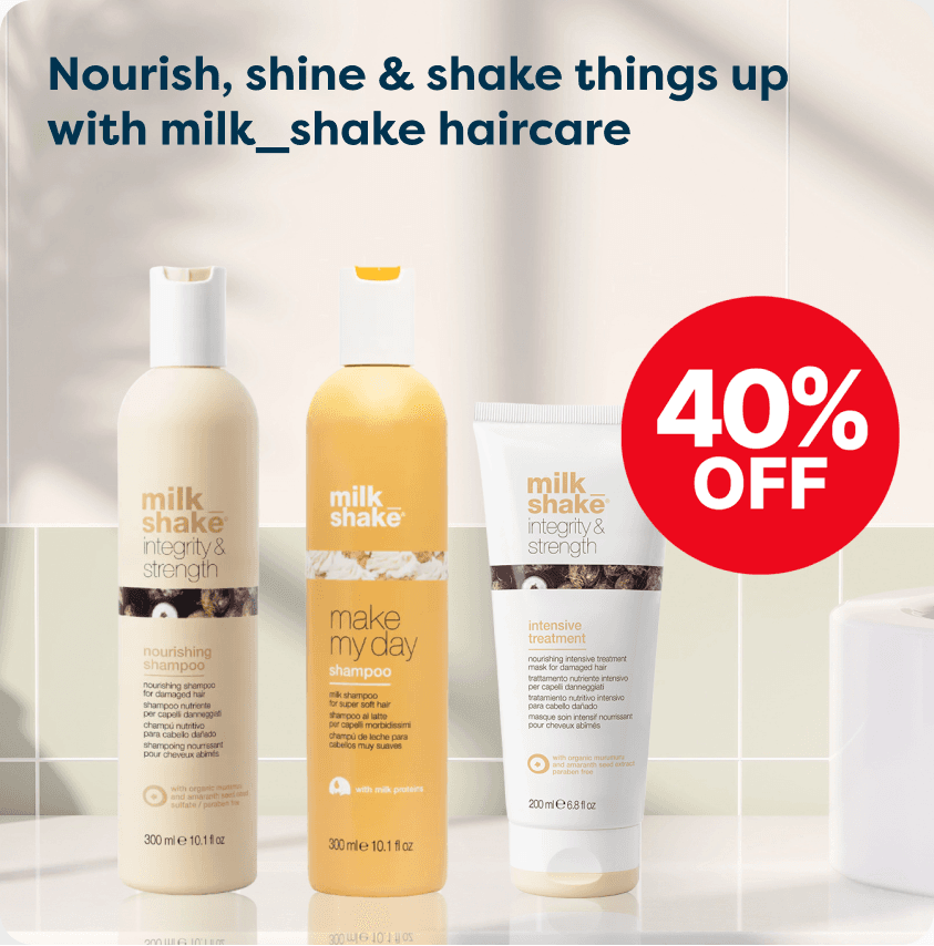 Three milk_shake haircare products with a "40% Off" label and the slogan "Nourish, shine & shake things up."