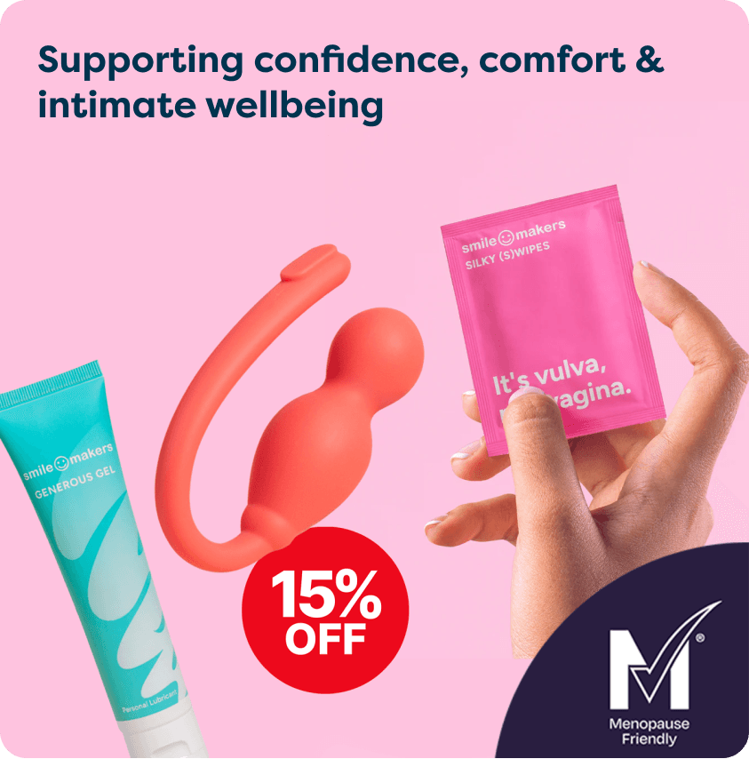 Promotional image for intimate wellbeing products, featuring a gel, wearable massager, and wipes with "15% OFF" text.
