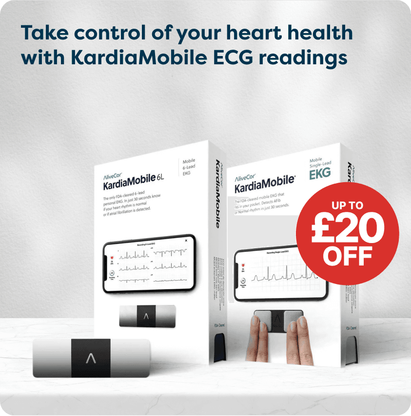 Save up to £20 on KardiaMobile at Pharmacy2U. Two KardiaMobile personal ECG devices with packaging are displayed.