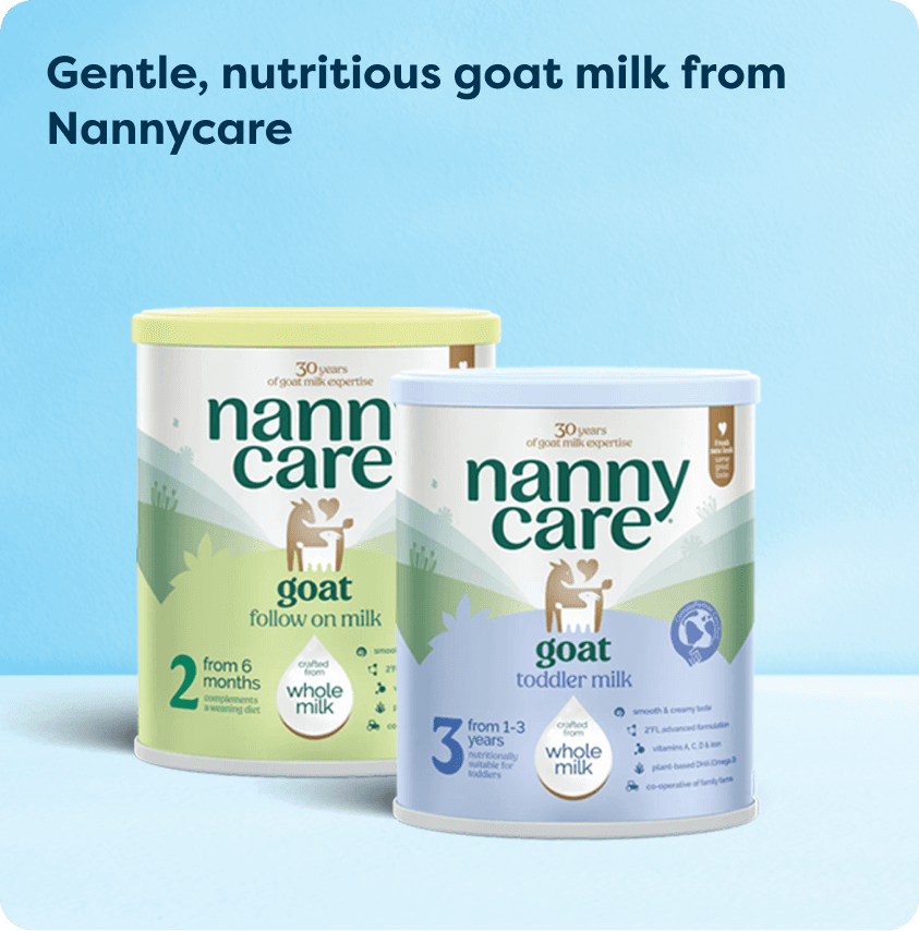 Two Nannycare goat milk products on a blue background. One is follow-on milk for 6+ months, the other is toddler milk for 1-3 years.