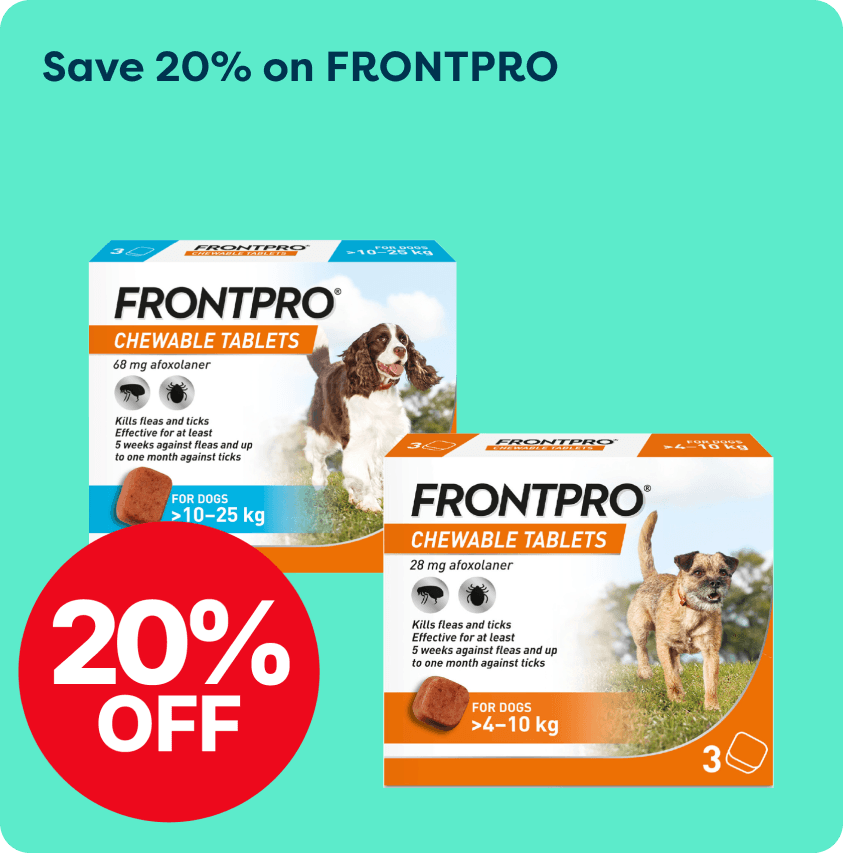 Two boxes of FRONTPRO chewable tablets for dogs, offering 20% off.
