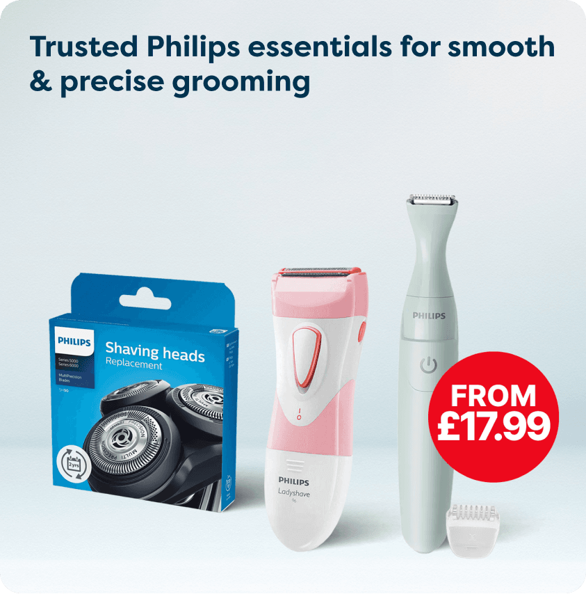From £17.99 on selected Philips at Pharmacy2U. A selection of Philips grooming products, including shaving heads, a Ladyshave and a trimmer, is displayed.