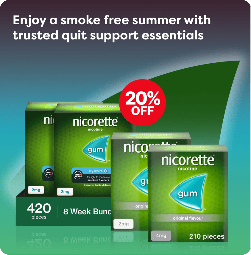 Save 20% on selected Nicorette at Pharmacy2U. Nicorette nicotine gum packs are displayed with products to support quitting smoking.