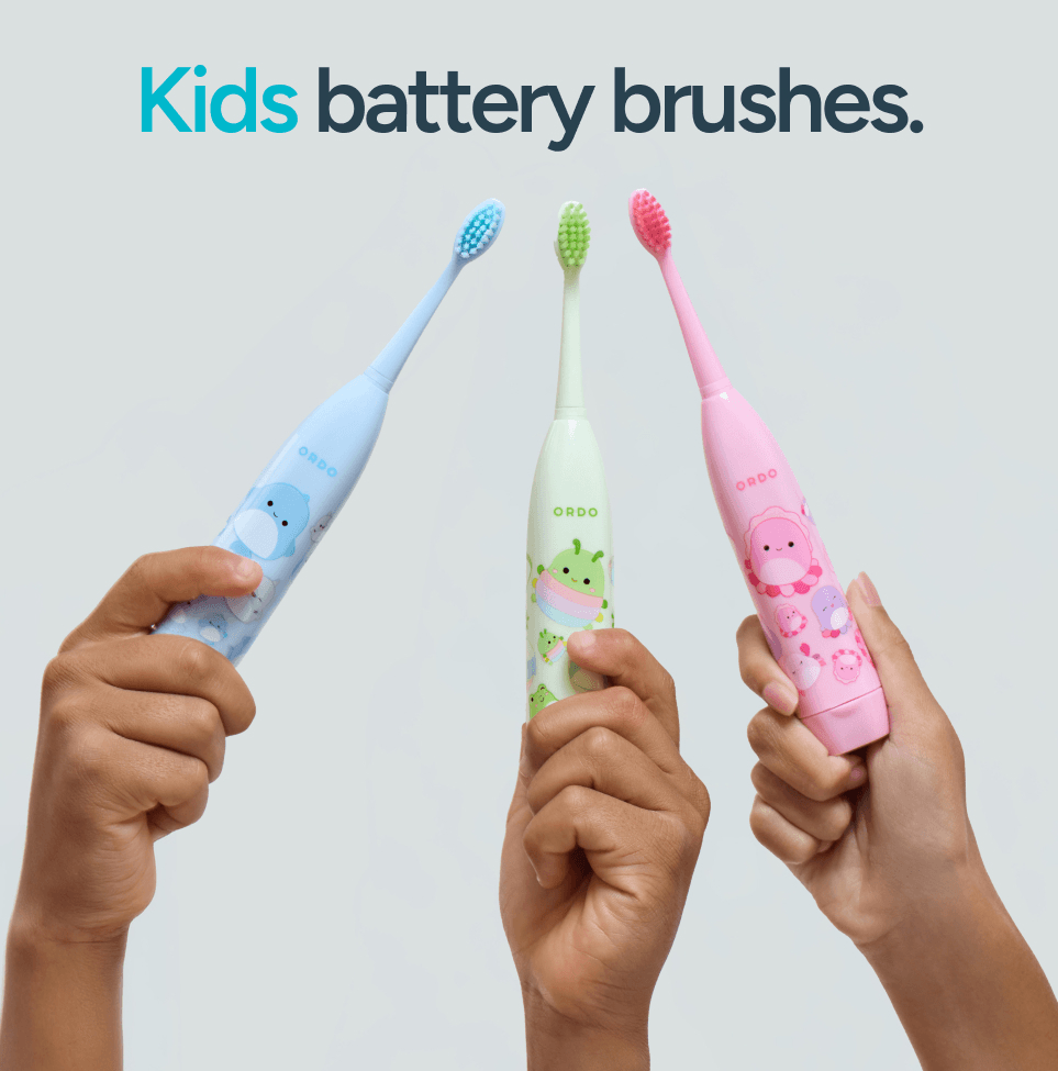 ORDO Kids battery toothbrushes at Pharmacy2U. Three colourful children's battery-powered toothbrushes with animal designs are displayed.