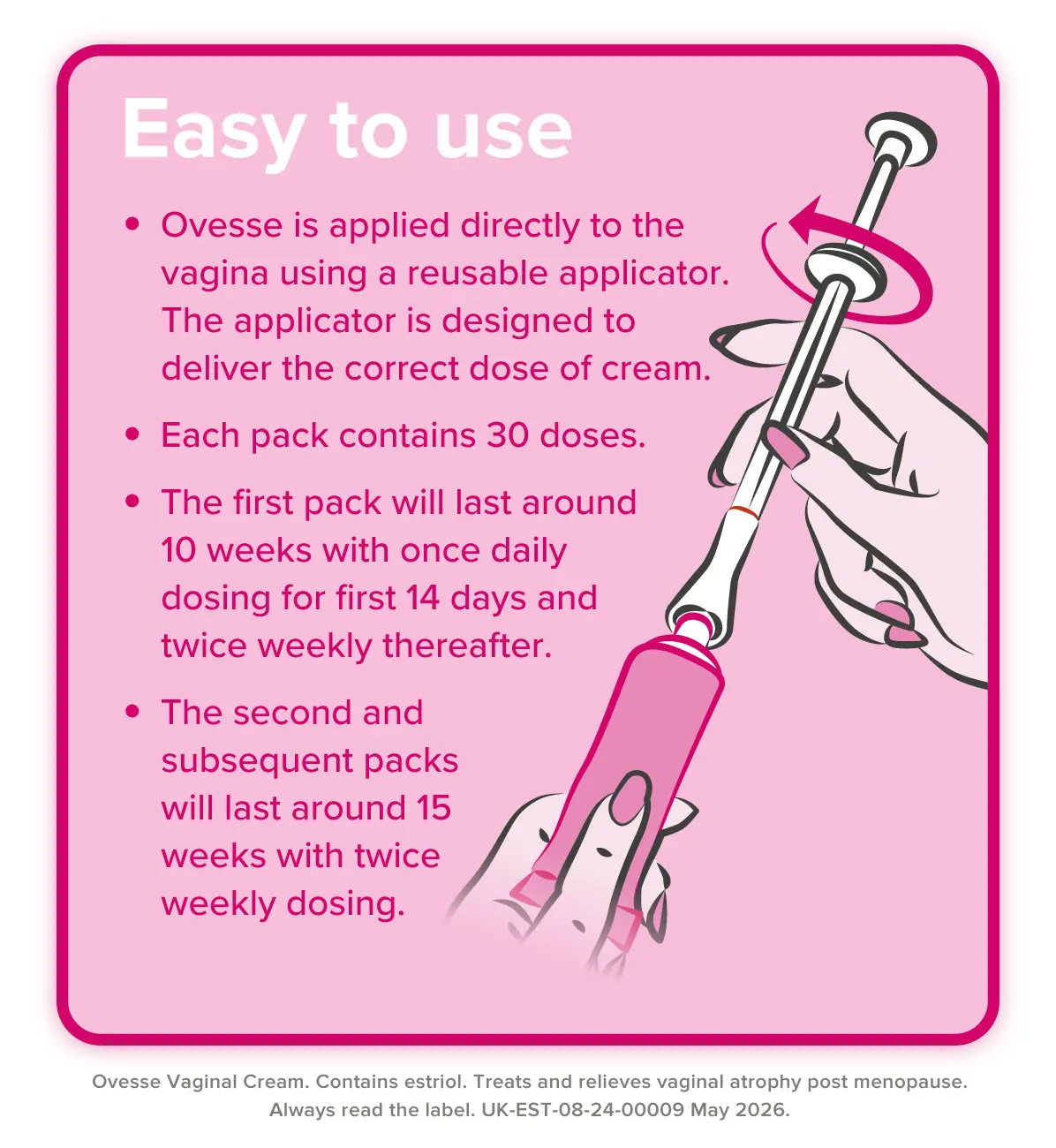 Ovesse 1mg/g Vaginal Cream - 15g Tube + Applicator Image https://cdn11.bigcommerce.com/s-g585yu857h/images/stencil/1280w/products/11762/32149/10349358_4__31890.1780927033.jpg1