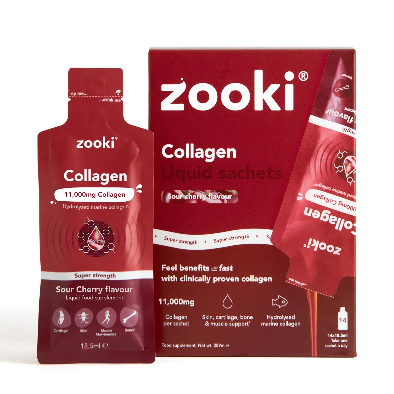 Zooki Super Strength Marine Collagen 11,000mg Sour Cherry Flavour 18.5ml 14 Sachets Image 1