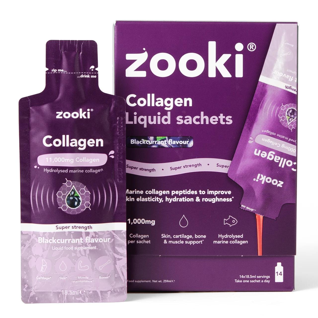Zooki Super Strength Marine Collagen 11,000mg Blackcurrant Flavour 18.5ml 14 Sachets Image 1