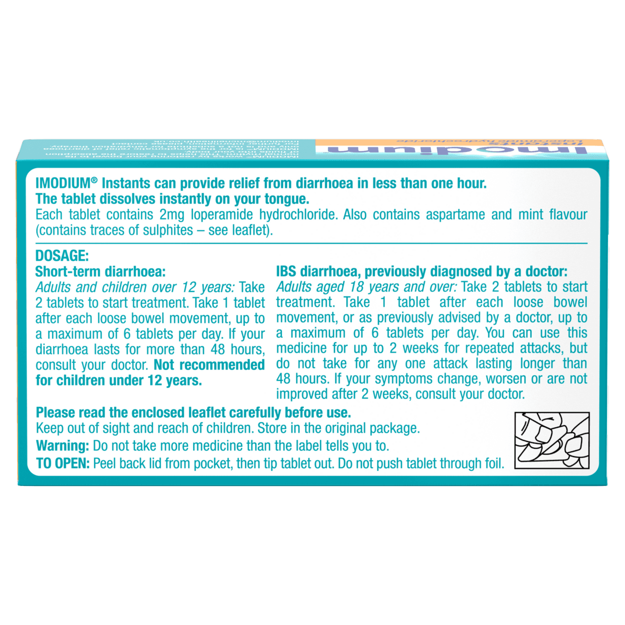 Imodium Instants Loperamide 2mg 6 Tablets Image https://cdn11.bigcommerce.com/s-g585yu857h/images/stencil/1280w/products/12000/20312/05027097407319_T16__38301.1760626858.png1