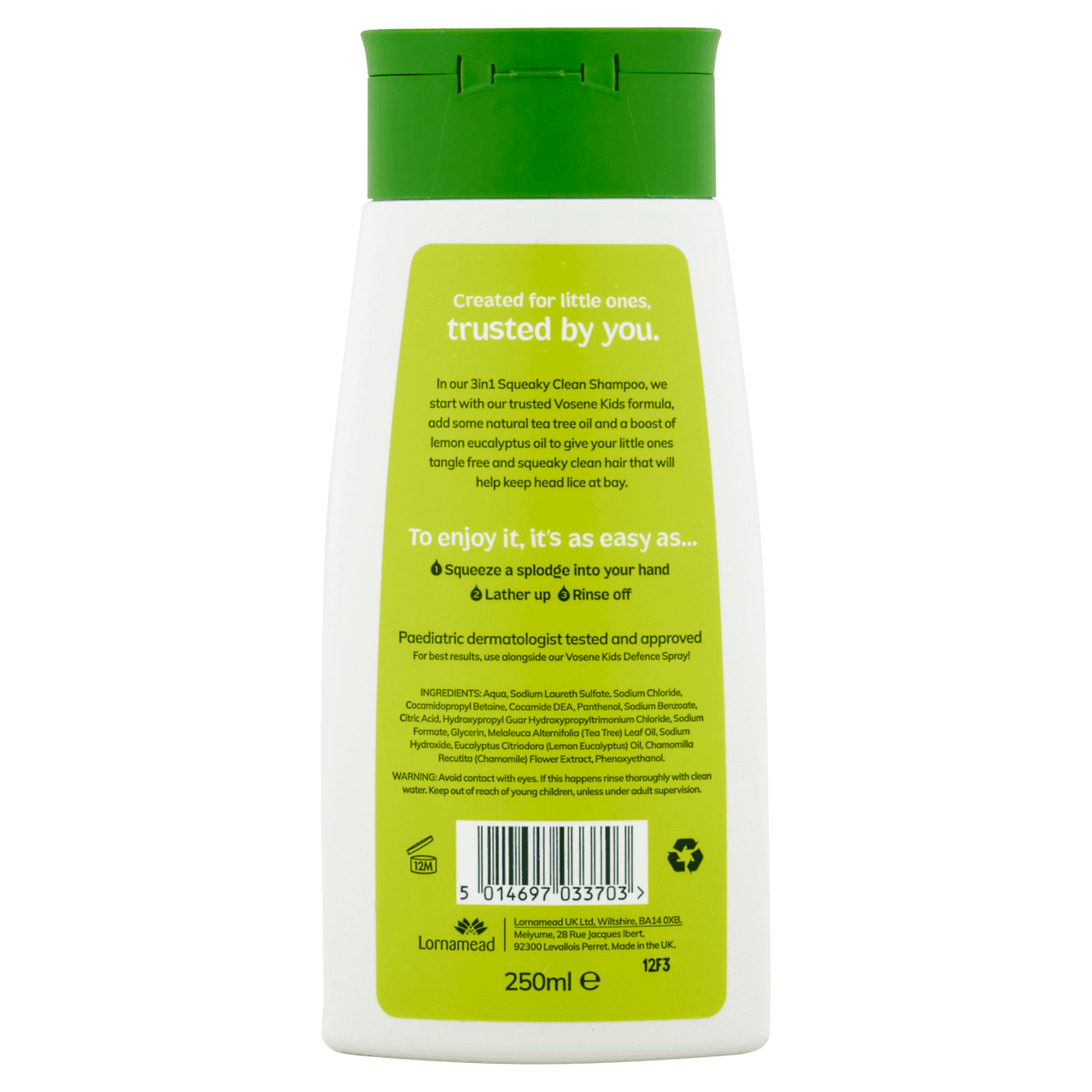 Vosene Kids 3in1 Head Lice Repellent Shampoo 250ml Image https://cdn11.bigcommerce.com/s-g585yu857h/images/stencil/1280w/products/12055/19828/5014697033703_T72__76209.1760625486.png1