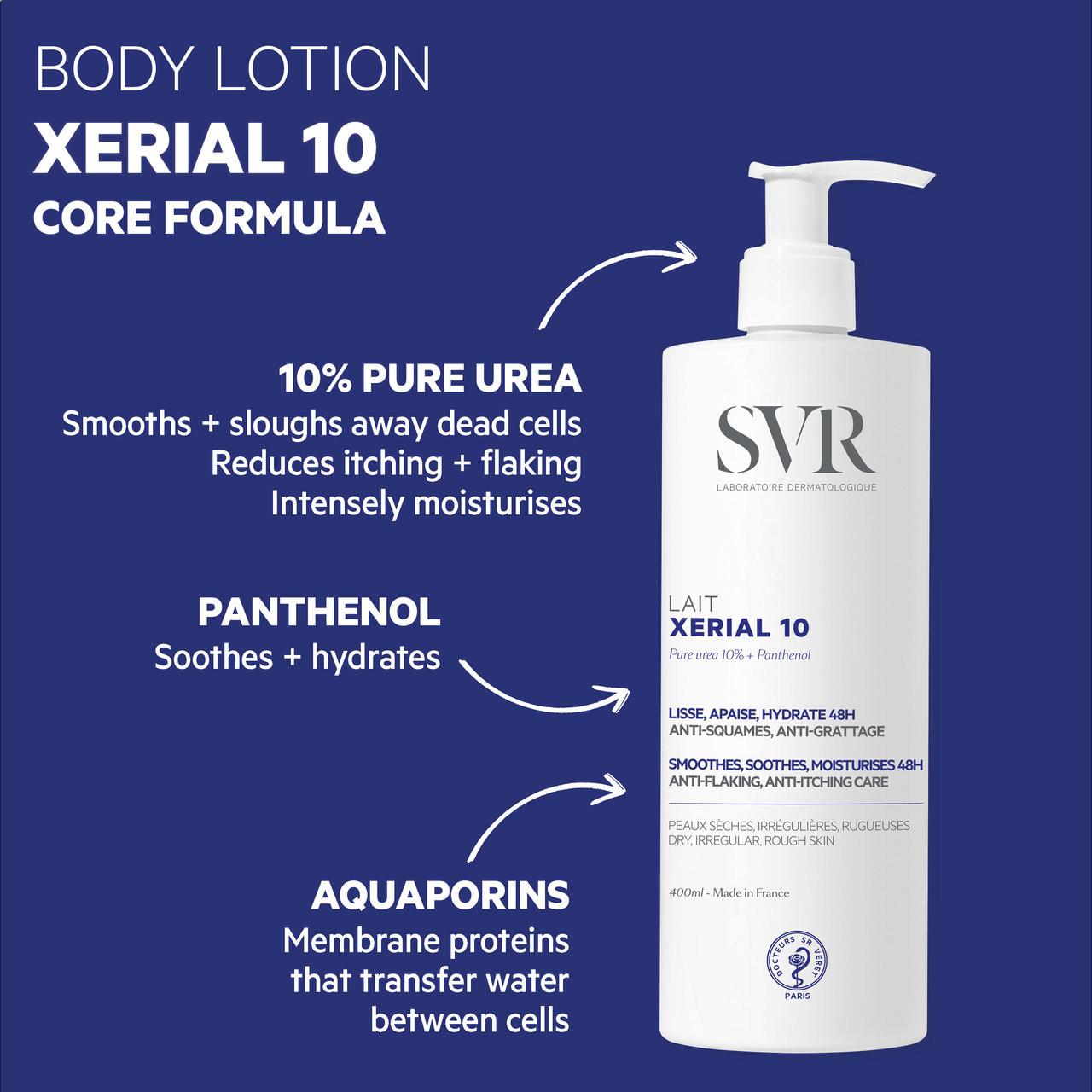 SVR XERIAL 10 Ultra-Rich 48hr Urea Body Moisturiser, 400ml Image https://cdn11.bigcommerce.com/s-g585yu857h/images/stencil/1280w/products/12088/20541/3662361002429_3__61610.1761031741.jpg1