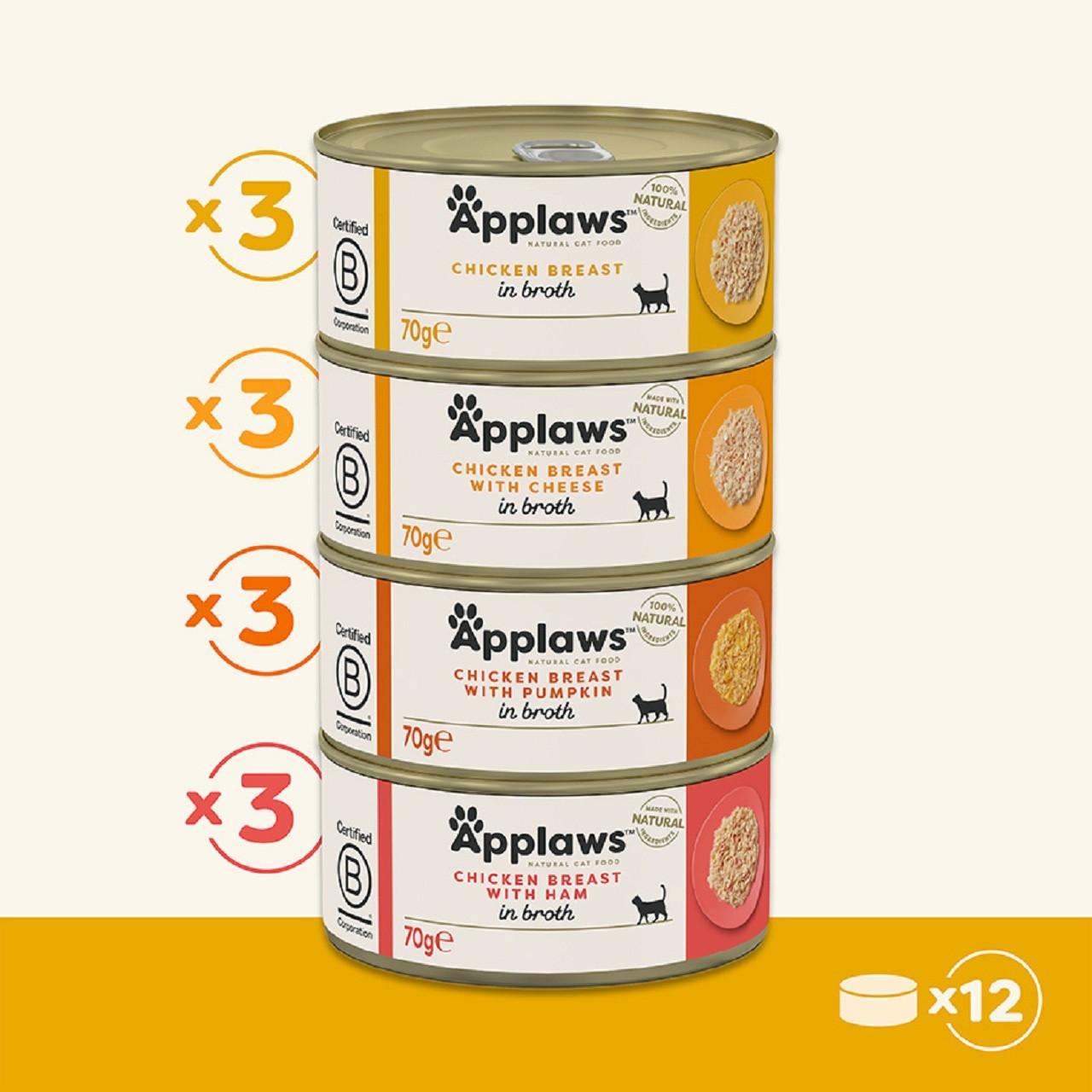 Applaws Adult Wet Cat Food Tin Chicken Selection in Broth Multi Pack 12x70g Image https://cdn11.bigcommerce.com/s-g585yu857h/images/stencil/1280w/products/13041/22869/Applaws-Adult-Wet-Cat-Food-Tin-Chicken-Selection-in-Broth-Multi-Pack-12x70g__41130.1761322397.jpg1