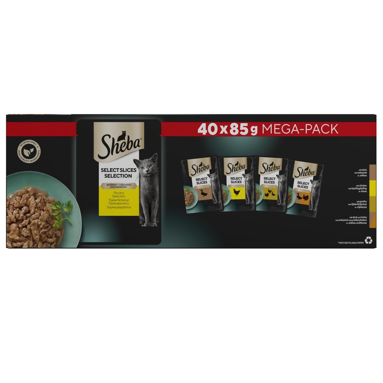 SHEBA Select Slices Adult Cat Food Poultry Selection in Gravy 40 x 85g Image https://cdn11.bigcommerce.com/s-g585yu857h/images/stencil/1280w/products/13098/23043/SHEBA-Select-Slices-Adult-Cat-Food-Poultry-Selection-in-Gravy-40-x-85g__34685.1782900275.jpg1
