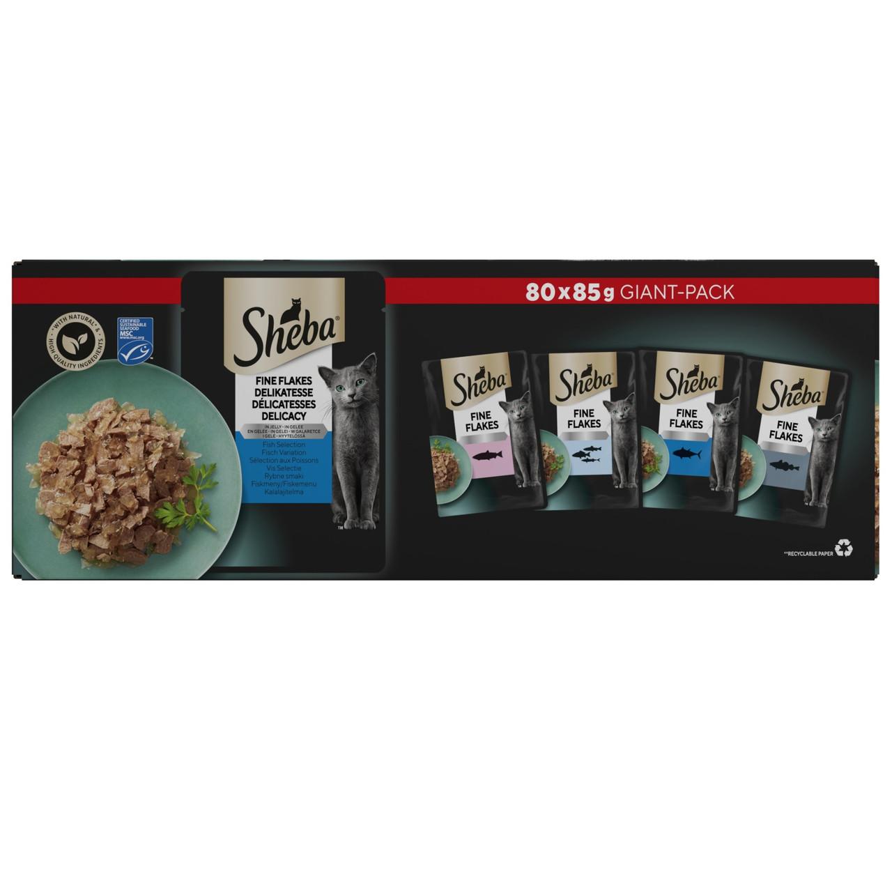 SHEBA Fine Flakes Cat Food Pouch Fish in Jelly Giant Pack 80 x 85g Image https://cdn11.bigcommerce.com/s-g585yu857h/images/stencil/1280w/products/13107/23047/SHEBA-Fine-Flakes-Cat-Food-Pouch-Fish-in-Jelly-Giant-Pack-80-x-85g__28109.1761322532.jpg1