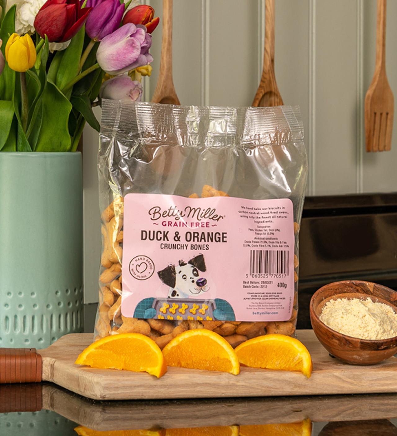Betty Millers Grain Free Duck and Orange Bones for Dogs 400g Image https://cdn11.bigcommerce.com/s-g585yu857h/images/stencil/1280w/products/13174/21850/Betty-Millers-Grain-Free-Duck-and-Orange-Bones-400g__13155.1761055441.jpg1