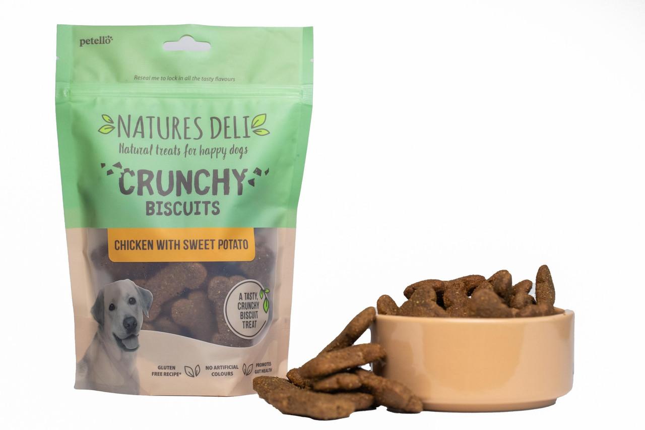Natures Deli Crunchy Biscuit Chicken With Sweet Potato for Dogs 225g Image https://cdn11.bigcommerce.com/s-g585yu857h/images/stencil/1280w/products/13242/21911/Natures-Deli-Crunchy-Biscuit-Chicken-With-Sweet-Potato-225g__29455.1782903036.jpg1