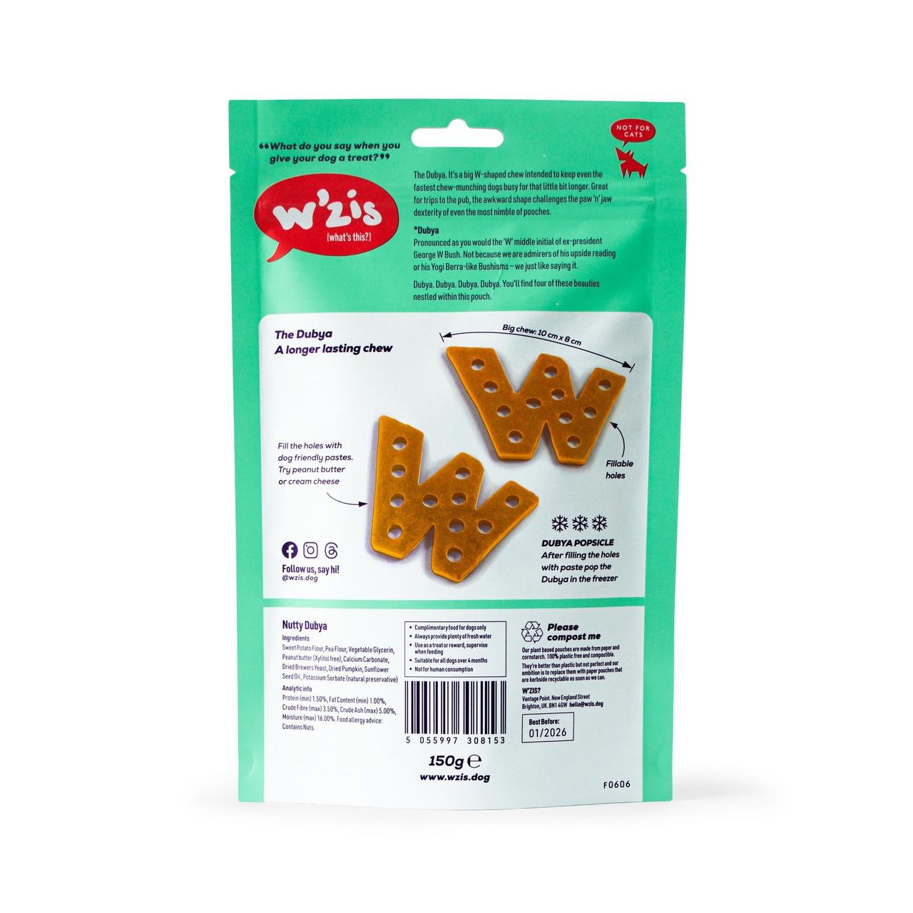 WZIS Healthy Dog Chew, Nutty Dubya 4pk 148g pouch Image https://cdn11.bigcommerce.com/s-g585yu857h/images/stencil/1280w/products/13312/22600/W%27ZIS-3F-Healthy-Dog-Chew-2C-Nutty-Dubya-4pk-148g-pouch__79943.1761317353.jpg1