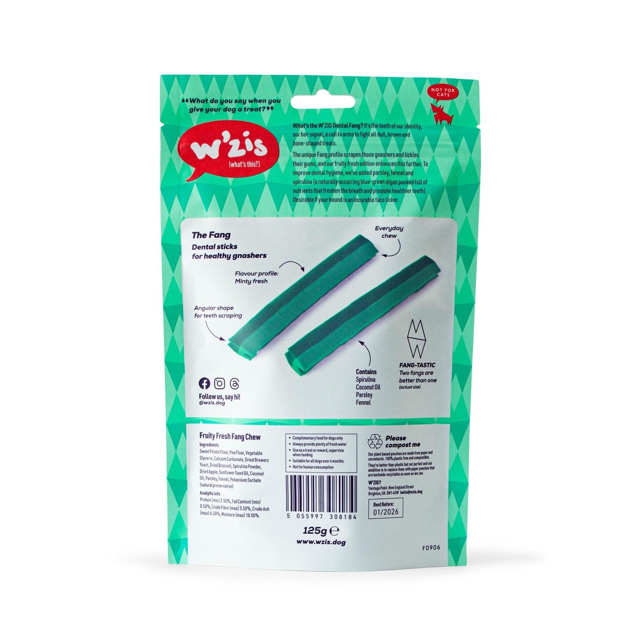 WZIS Healthy Dog Chew Fruity Fresh Fang Dental Stick 6pk 156g Image https://cdn11.bigcommerce.com/s-g585yu857h/images/stencil/1280w/products/13428/22620/W%27ZIS-3F-Healthy-Dog-Chew-Fruity-Fresh-Fang-Dental-Stick-6pk-156g__67378.1761317372.jpg1