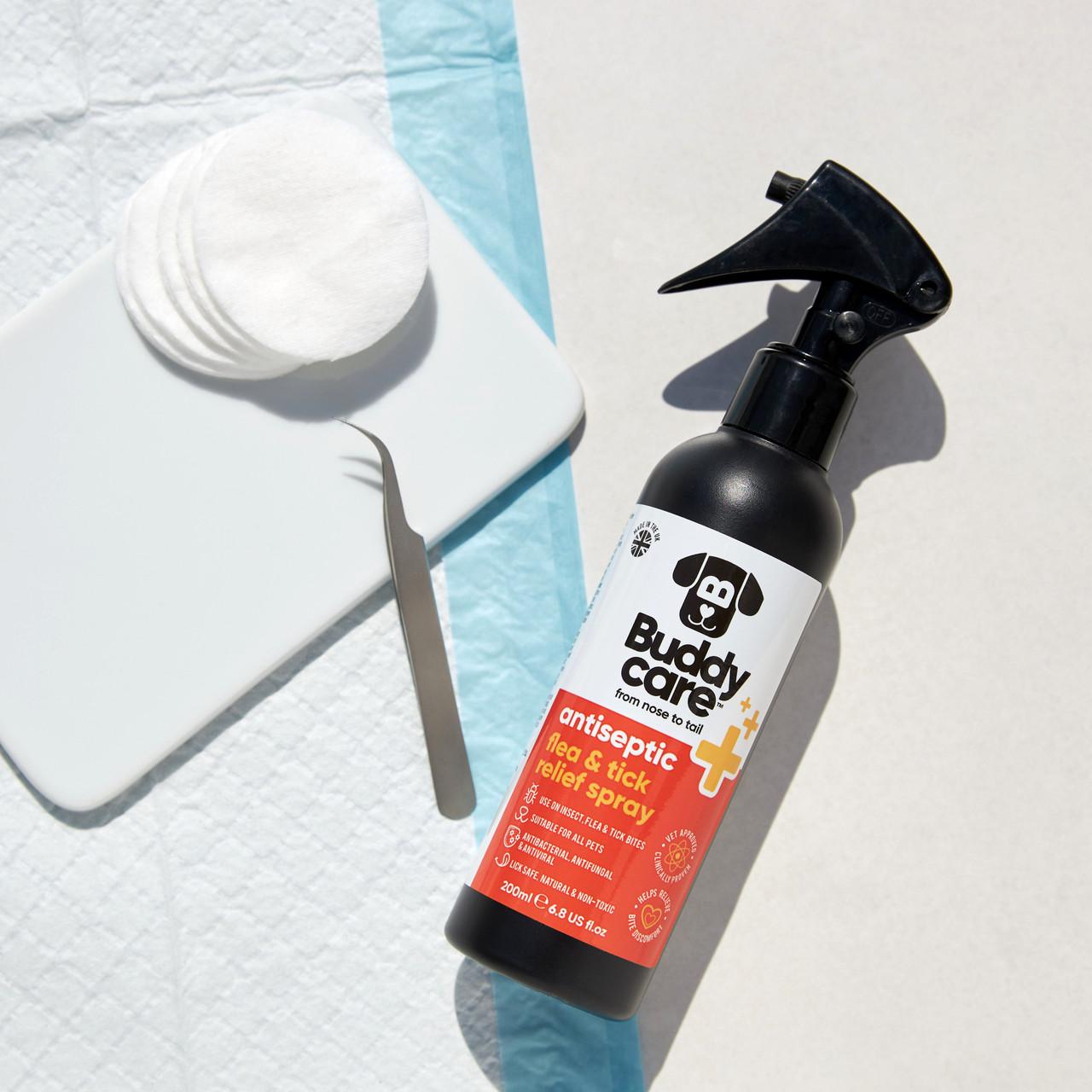 Buddycare Pet Antiseptic Flea & Tick Relief Spray - 200ml 6.76 fl oz Image https://cdn11.bigcommerce.com/s-g585yu857h/images/stencil/1280w/products/13601/22661/-6.76-fl-oz__26414.1761317595.jpg1