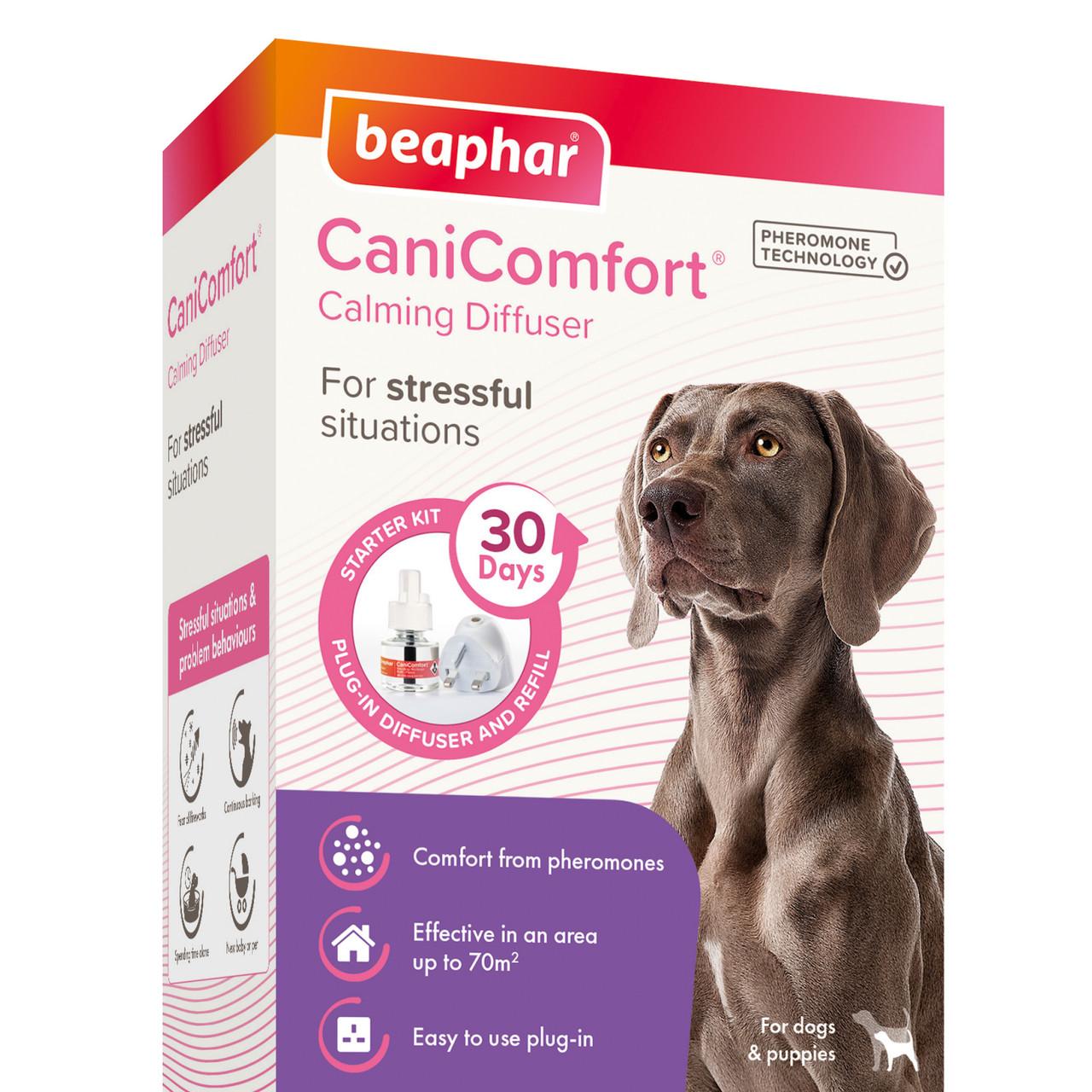 Beaphar CaniComfort Calming Diffuser Starter Kit for Dogs 48ML Image https://cdn11.bigcommerce.com/s-g585yu857h/images/stencil/1280w/products/13845/22479/Beaphar-CaniComfort-Calming-Diffuser-Starter-Kit-48ML__73951.1761055981.jpg1