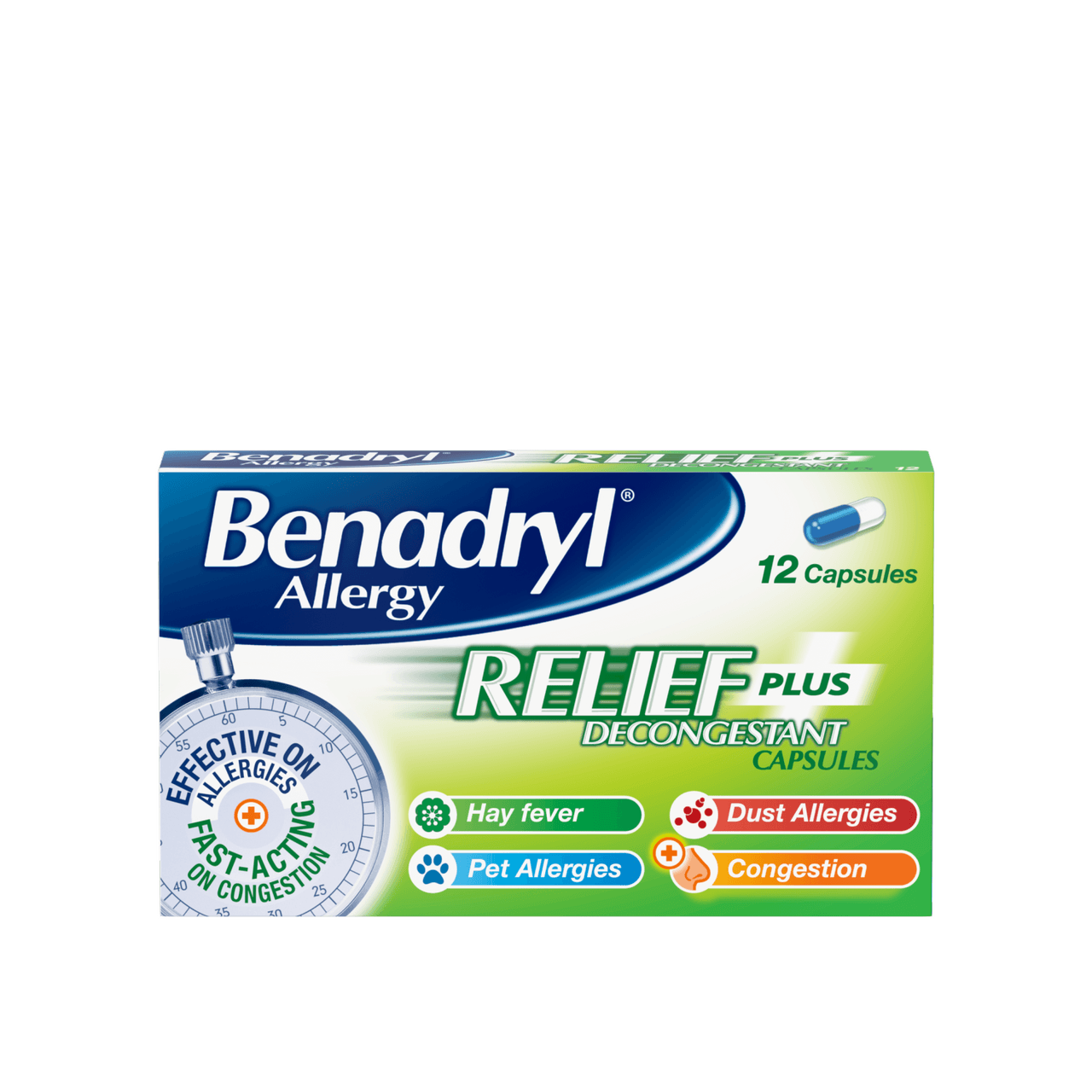 Benadryl Allergy Relief Plus Decongestant 12 Capsules Image 1