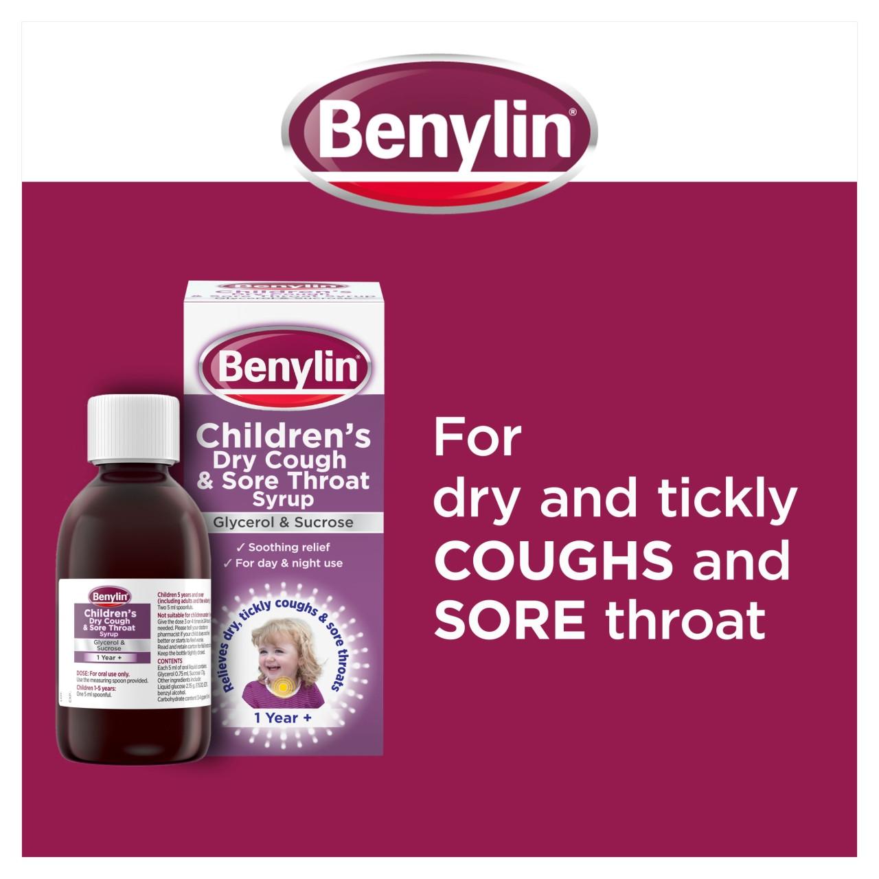 Benylin Children's Dry Cough and Sore Throat Syrup 125ml Image https://cdn11.bigcommerce.com/s-g585yu857h/images/stencil/1280w/products/13885/33586/03574661237008_T60___74505.1783004824.jpg1